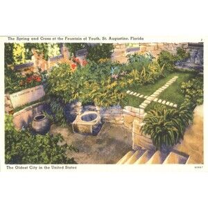 St Augustine Florida FL Fountain Of Youth Spring & Cross Linen Vintage Postcard